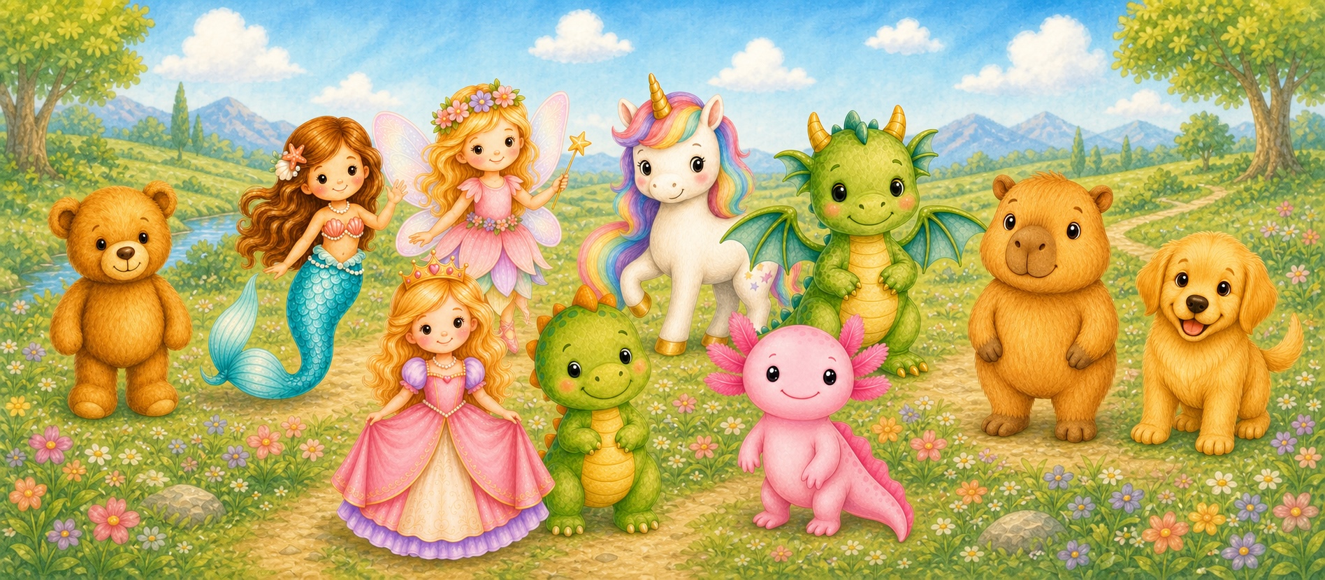 Teddy, mermaid, fairy, unicorn, dragon, Capibara, puppy, dinosaur, princess and axolotl together in a meadow