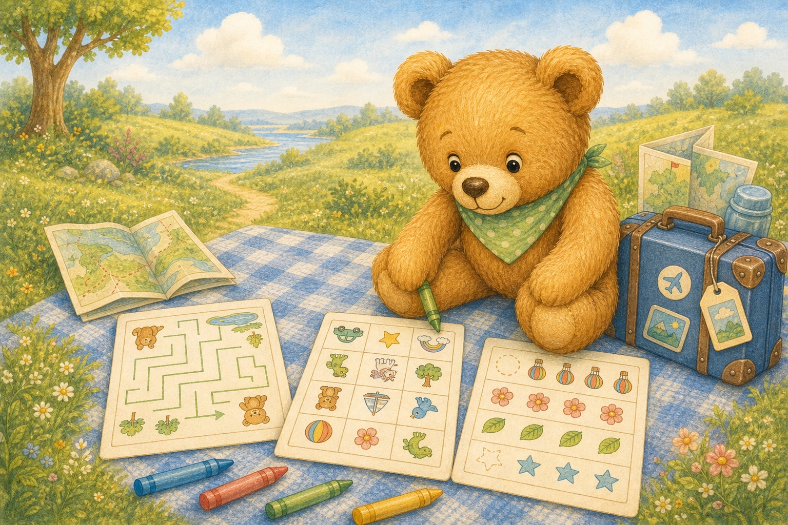 Teddy bear enjoying activity puzzles on a picnic blanket